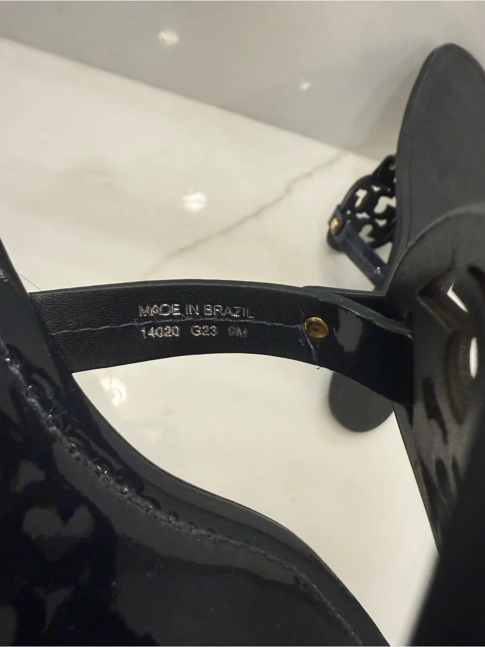 Tory Burch Navy Patent Logo Thong Sandals with Gold Studs